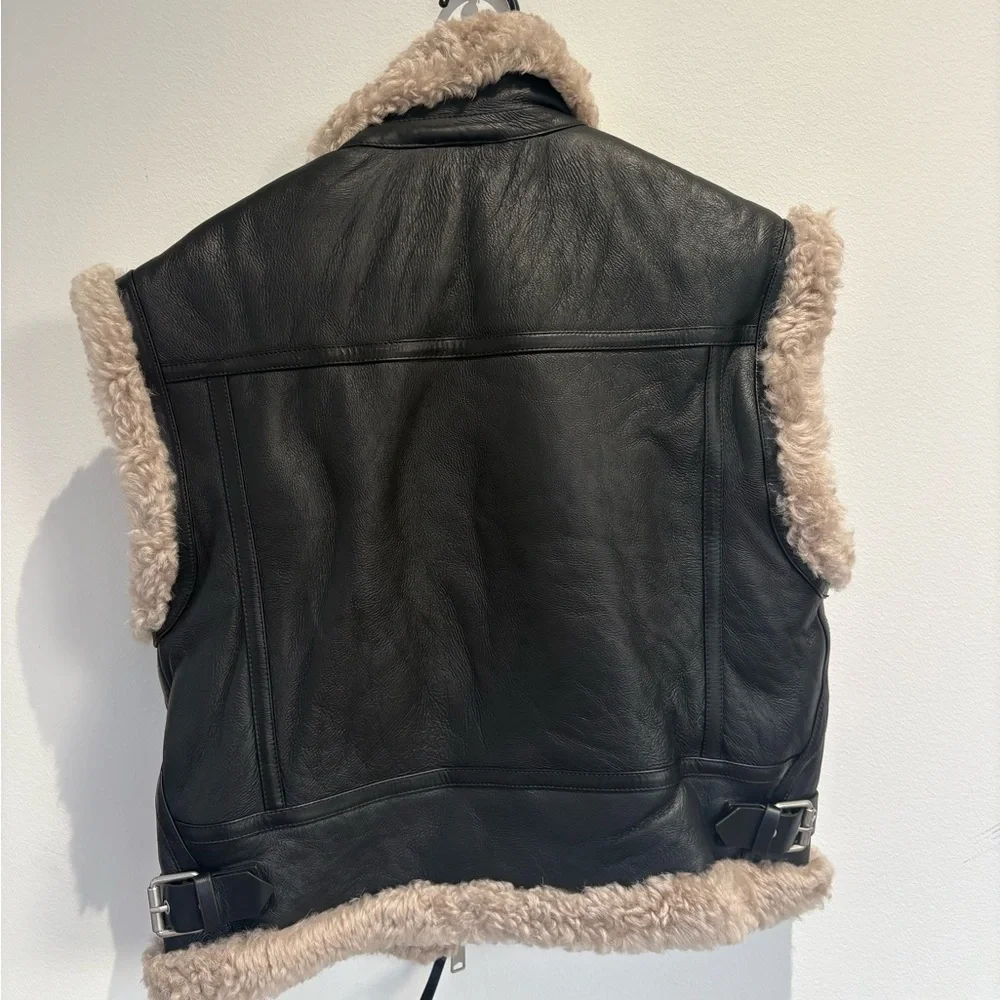 AllSaints Zep Genuine Shearling Black Leather Moto Vest Size S NWT